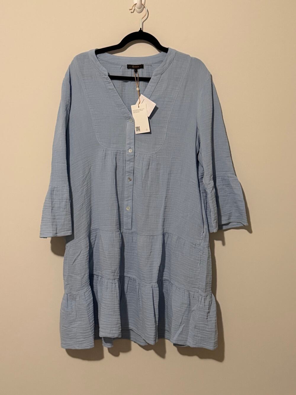 Quince 100% Organic Cotton Gauze Long Sleeve Tiered Mini Dress Ocean Breeze New